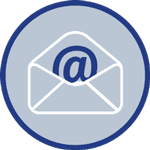 AIC Group - Menu-Icon - Kontakt - Briefumschlag mit E-Mailzeichen, blau/weiß auf grau