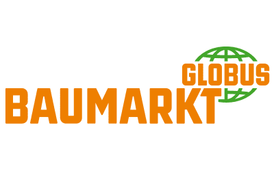 Logo - GLOBUS BAUMARKT in orange, grüne Weltkugel hinter GLOBUS