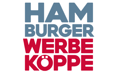Logo - vierzeiliger Schriftzug: HAM BURGER (grau) WERBE KÖPPE (rot)