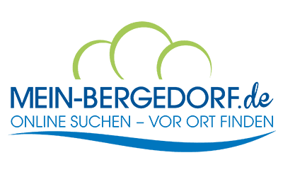 Logo - MEIN BERGEDORF - ONLINE SUCHEN - VOR ORT FINDEN - oberhalb 3 grüne angeschnittene Outlinerkugeln