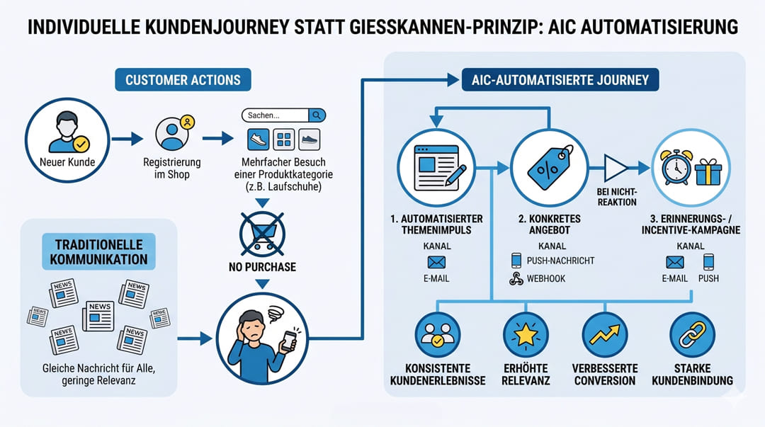 Infografik zur AIC-Automatisierung: individuelle Customer Journey mit personalisierten Impulsen, Angeboten und Reminder-Kampagnen statt Massenkommunikation