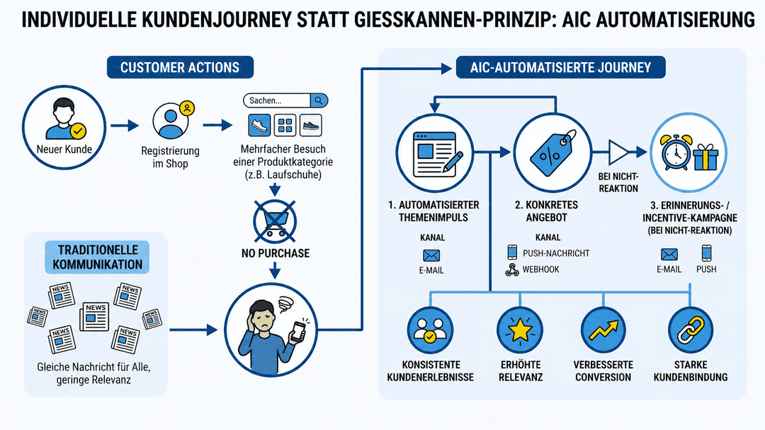 Infografik zur AIC-Automatisierung: individuelle Customer Journey mit personalisierten Impulsen, Angeboten und Reminder-Kampagnen statt Massenkommunikation