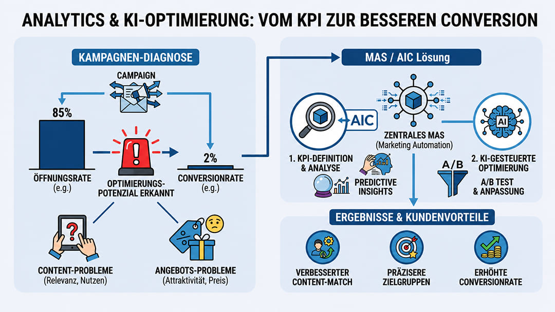 Infografik zum Prozess der Analytics- und KI-Optimierung von der Kampagnen-Diagnose bis zur Steigerung der Conversion-Rate durch die AIC Group.