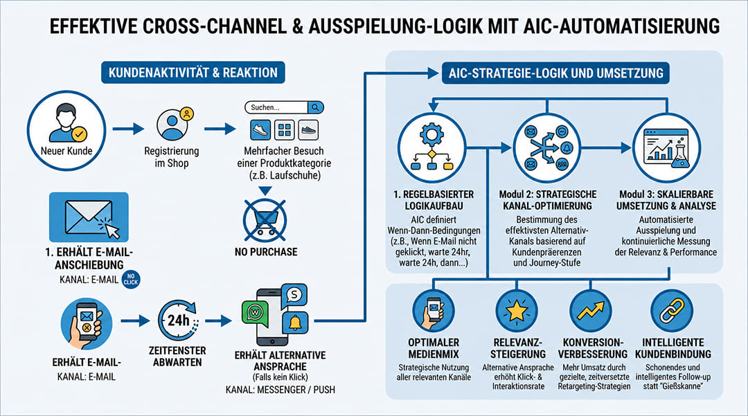 Infografik zur effektiven Cross-Channel-Logik und AIC-Marketing-Automatisierung.