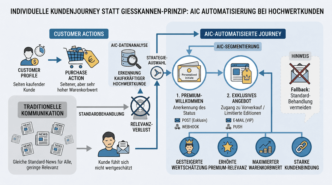 Infografik zum Vergleich zwischen traditioneller Kommunikation und AIC-automatisierter Kundenjourney für Hochwertkunden.