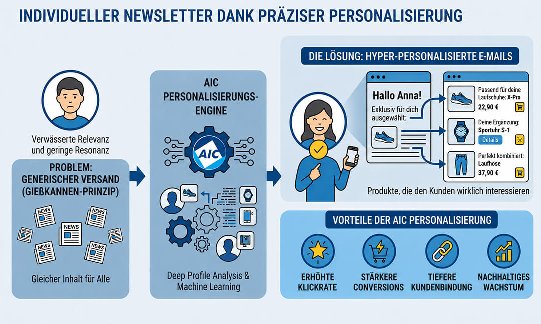 Infografik zum Prozess der Hyper-Personalisierung von E-Mails durch die AIC Personalisierungs-Engine.