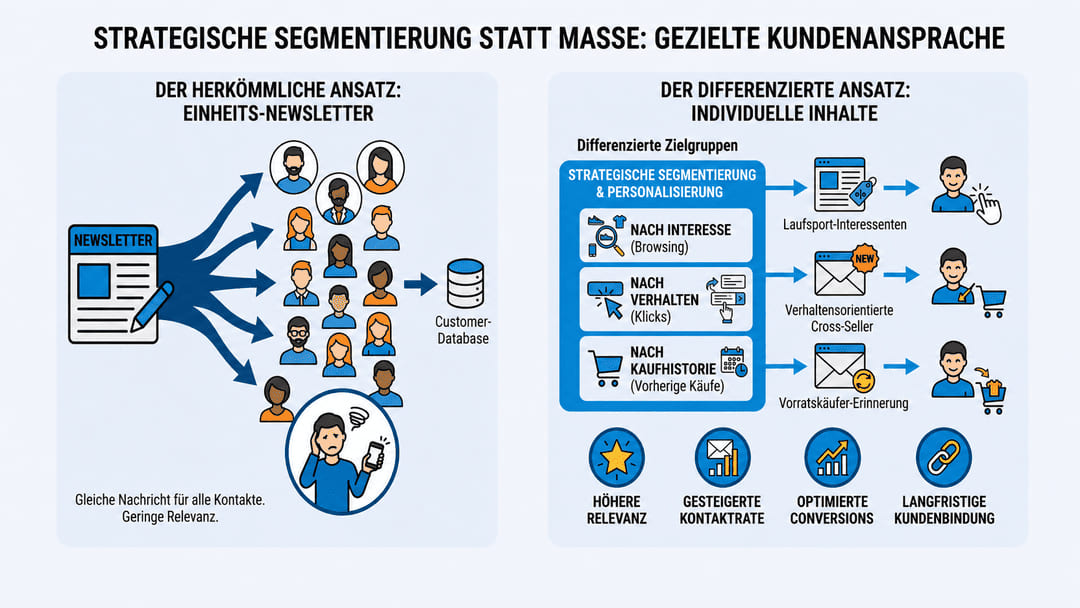 Infografik zum Vergleich zwischen Massen-Newslettern und strategischer Kundensegmentierung für personalisiertes Marketing.