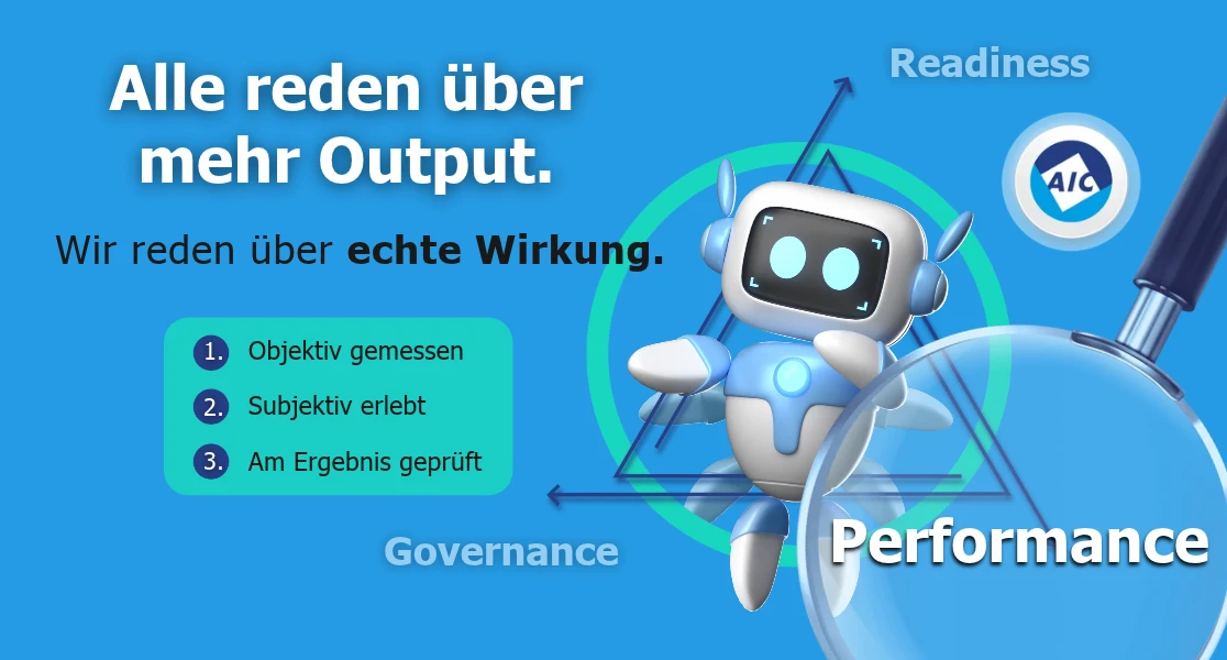 KI-Agent im Dreieck aus Readiness, Governance und Performance, die Lupe auf Performance: gemessen, erlebt, geprüft