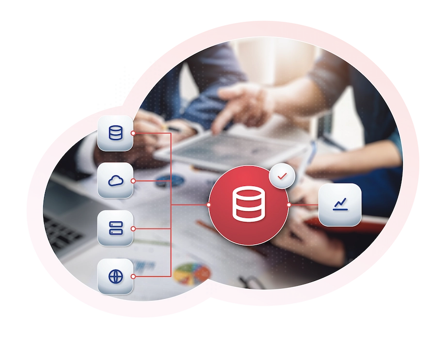 Data Integration: Vier Datenquellen laufen in eine harmonisierte Datenbasis zusammen und speisen die Auswertung