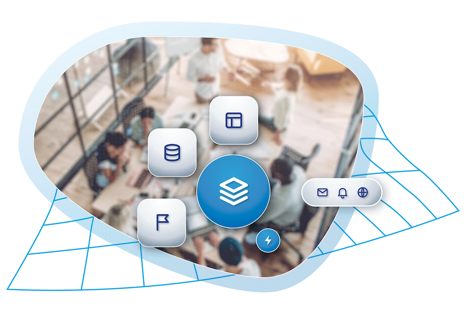 Marketing Automation Studio: Plattform als Mittelpunkt mit Kundendaten, Kampagnen und Inhalten, verbunden mit E-Mail, SMS, Web und Mobile