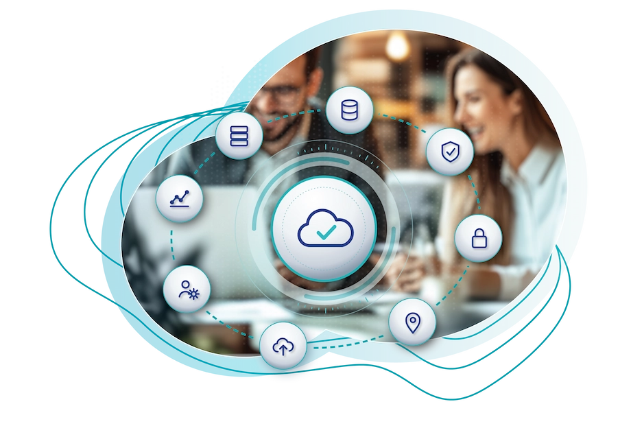 Geprüfte Cloud im Zentrum, umkreist von Rechenleistung, Speicher, Datenbanken, Standort, Sicherheit und Analyse | Certified cloud at the centre, orbited by compute, storage, databases, location, security and analytics
