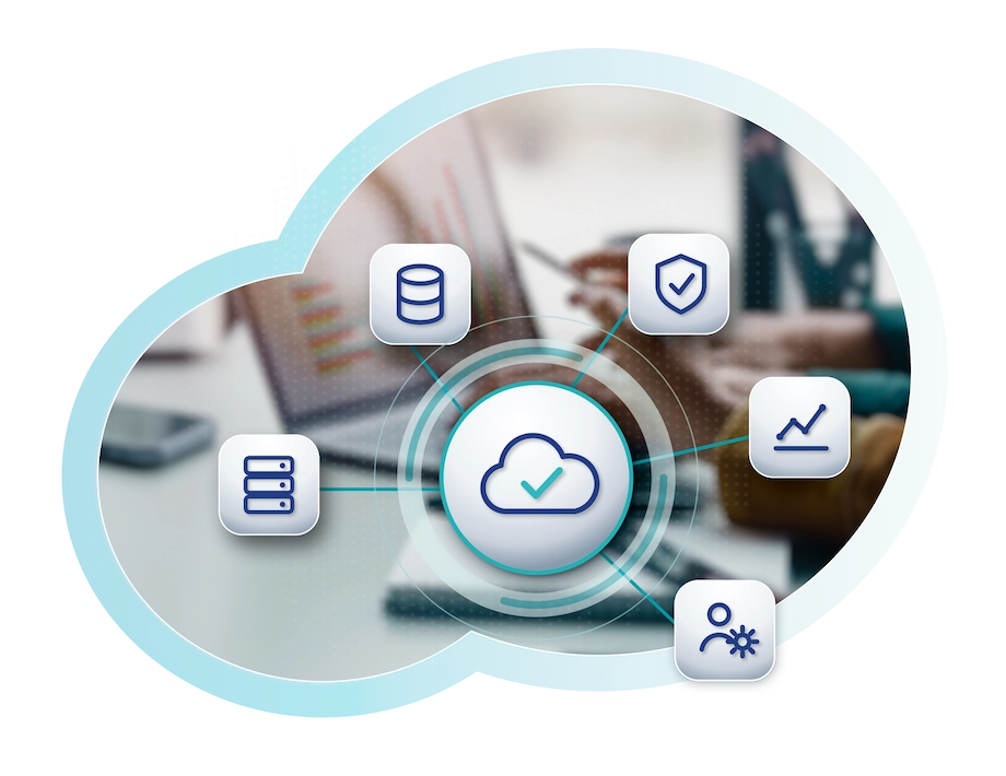 Cloud als Knotenpunkt, verbunden mit Servern, Datenbank, Sicherheit, Auswertung und Betreuung | Cloud as the hub, connected to servers, database, security, analysis and support