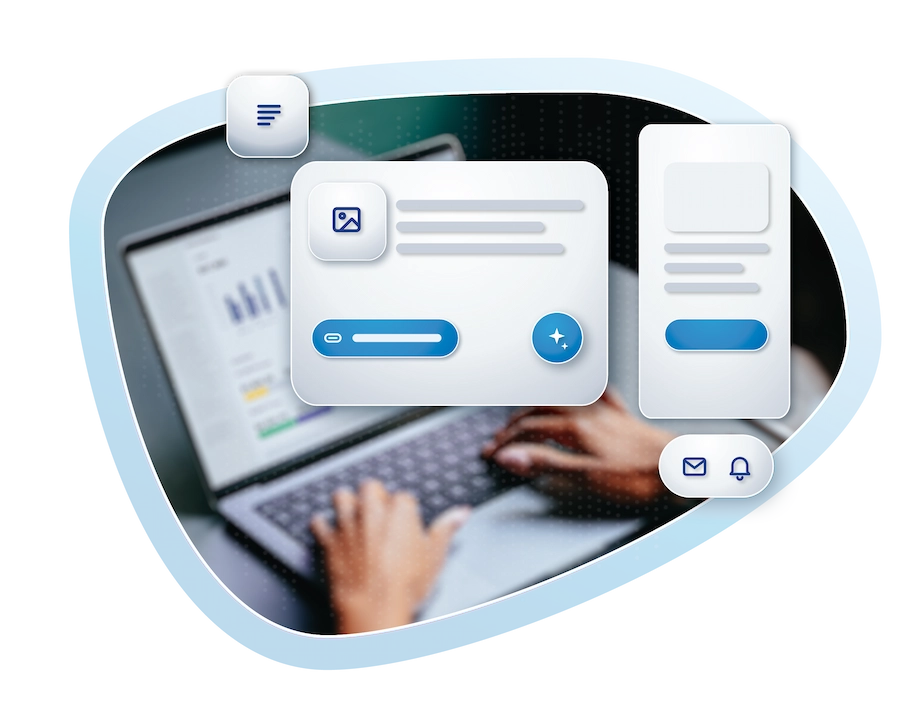 Template aus Bausteinen für Bild, Text und Button mit Vorschau auf dem Smartphone und Kanälen E-Mail, Push und SMS
