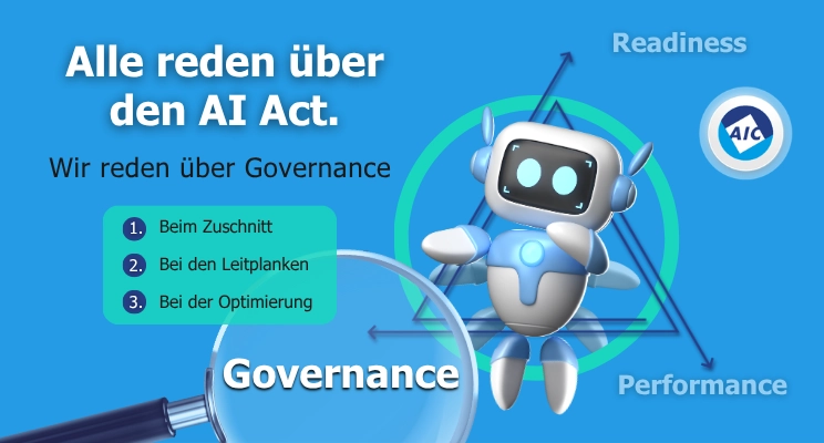 KI-Agent im Dreieck aus Readiness, Governance und Performance, die Lupe auf Governance: Zuschnitt, Leitplanken, Optimierung
