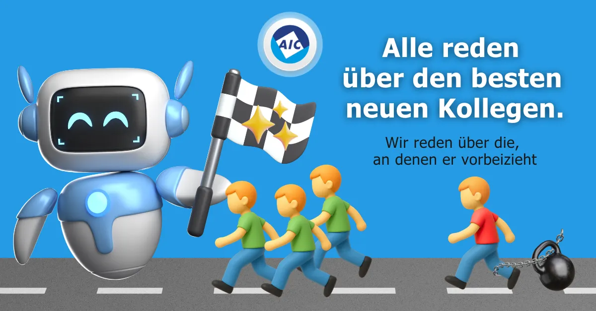 KI-Agent mit Zielflagge zieht vorbei: drei Läufer halten Schritt, einer schleppt eine Kugel am Bein hinterher