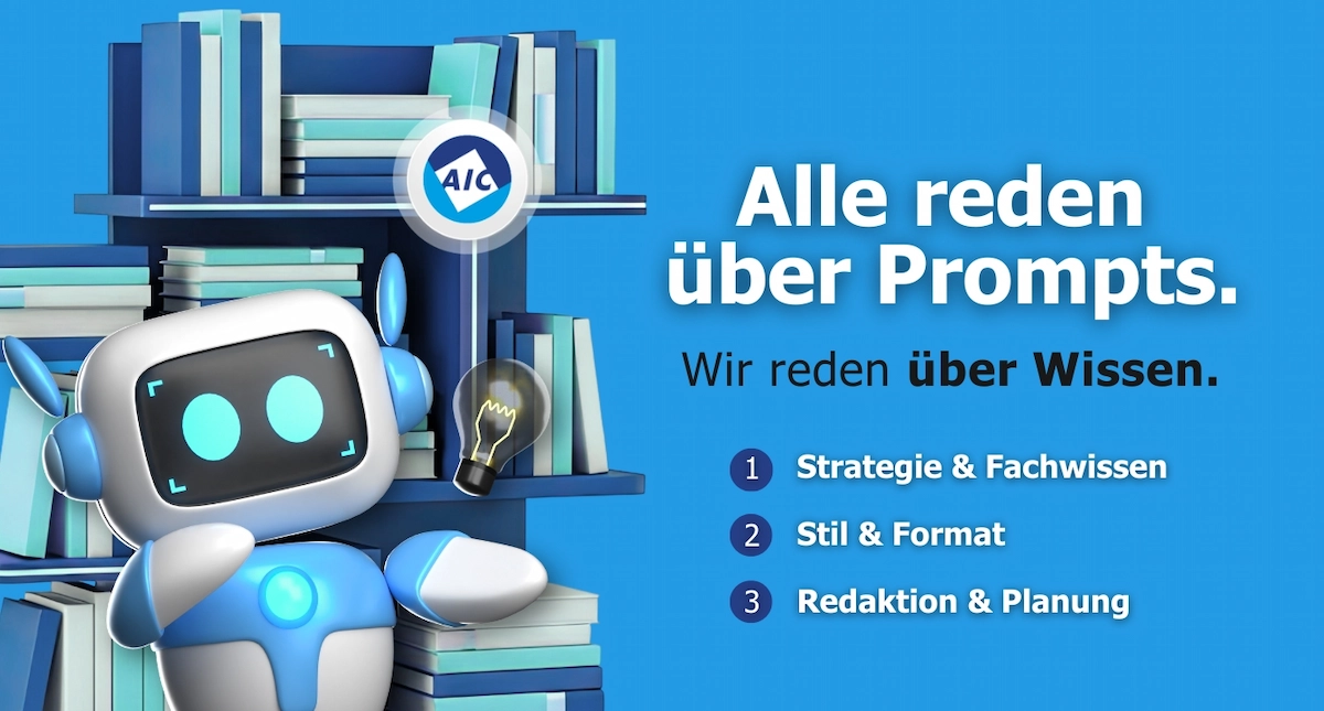 KI-Agent am Bücherregal mit Glühbirne – Wissen aus Strategie & Fachwissen, Stil & Format, Redaktion & Planung